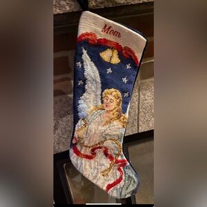 Vtg LANDS' END "MOM" Wool/Velvet Needlepoint CHRISTMAS STOCKING Angel  EUC